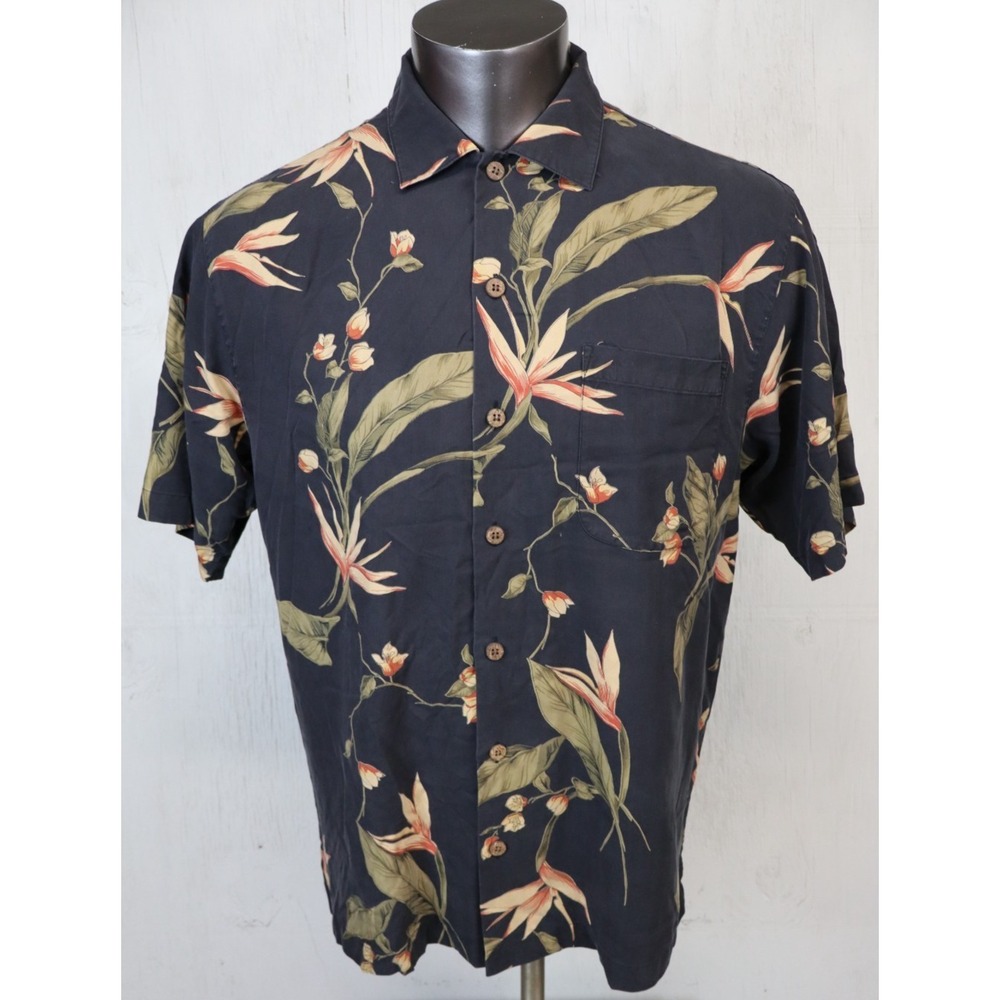 Mens Hilo Hattie Hawaiian Shirt Button Front‎ Size M Black Floral Silk Vintage